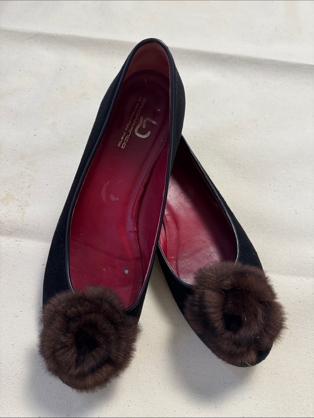 Vintage Grigiarancio Suede Fur Pom Pom Ballet Flats Made in Italy